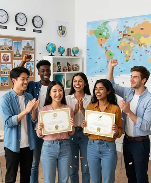 Students celebrating exam success with certificates